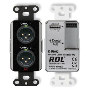 RDL DB-RN02 Wall-Mounted Dante / AES67 Mic/Line Interface 2 XLR Outputs PoE 24-bit 44.1-96kHz