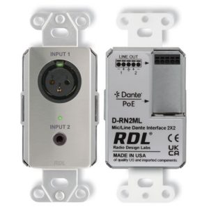 RDL DS-RN2ML Wall-Mounted Dante / AES67 2x2 Mic/Line Interface / XLR Mic/Line / Summed Mini-Jack / PoE