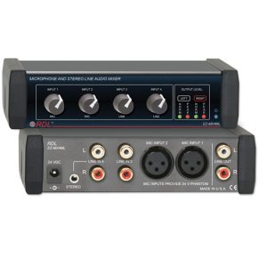 RDL EZ-MX4MLX 4-Input Stereo Mic / Line Mixer – 2 XLR Mic Inputs / 2 Line Inputs RCA / 24V Phantom / Dual-LED VU