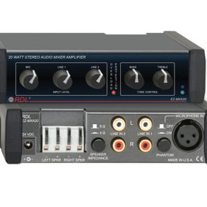 RDL EZ-MXA20X 20W Stereo Mixer-Amplifier / 10W per ch into 8 Ohm / XLR Mic / RCA Line / EQ / Limiter / 24V