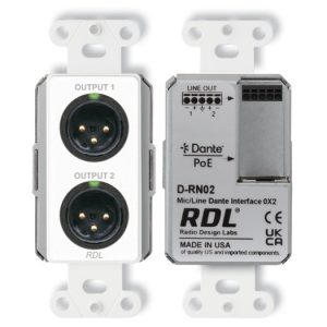 RDL D-RN02 Wall-Mounted Dante / AES67 2-Channel Mic / Line Output Interface PoE