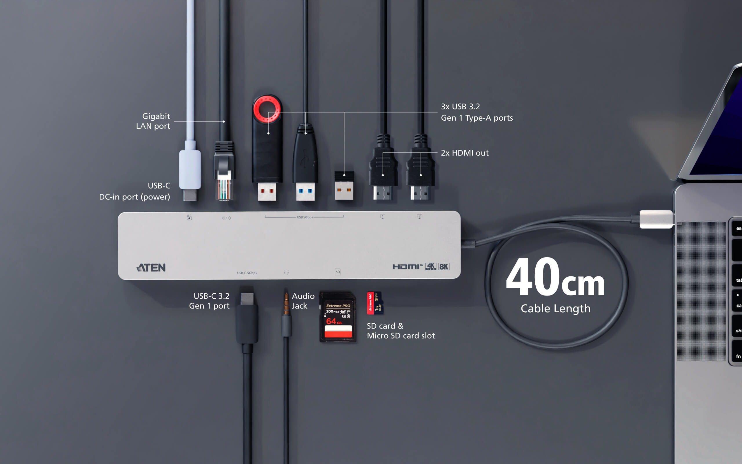 Aten UH3240 11-in-1 USB-C Multiport Dock with Power Pass-Through - Image 7