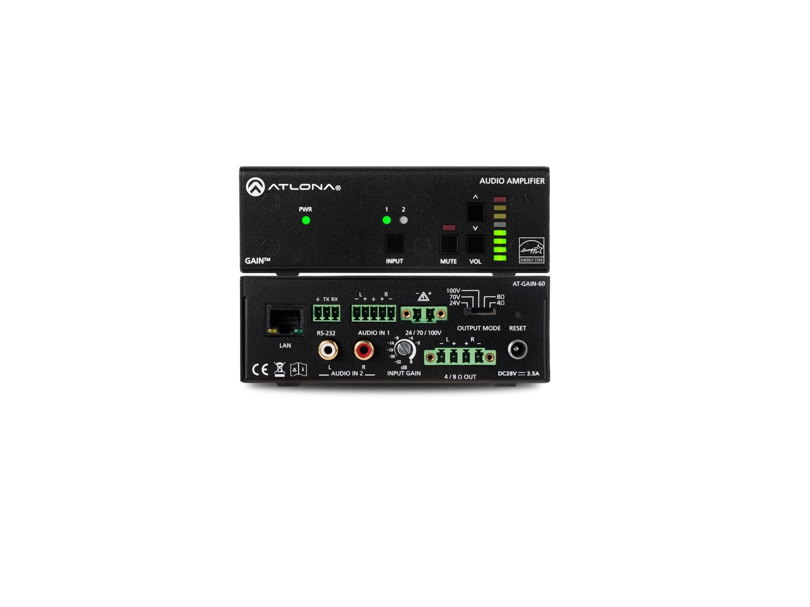 Atlona AT-GAIN-60 60W Class D Amplifier 2x30W 4/8 ohm / Mono 60W 24V/70V/100V / Plenum Rated