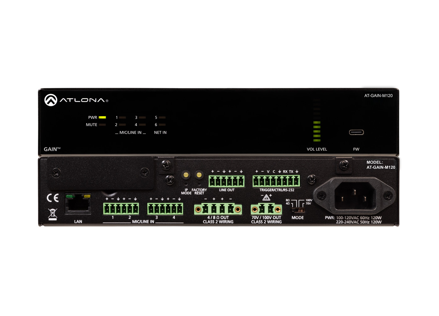 Atlona AT-GAIN-M120 Atlona 120W Mixer Amplifier, 4/8 Ohm x2, 70V/100V x1
