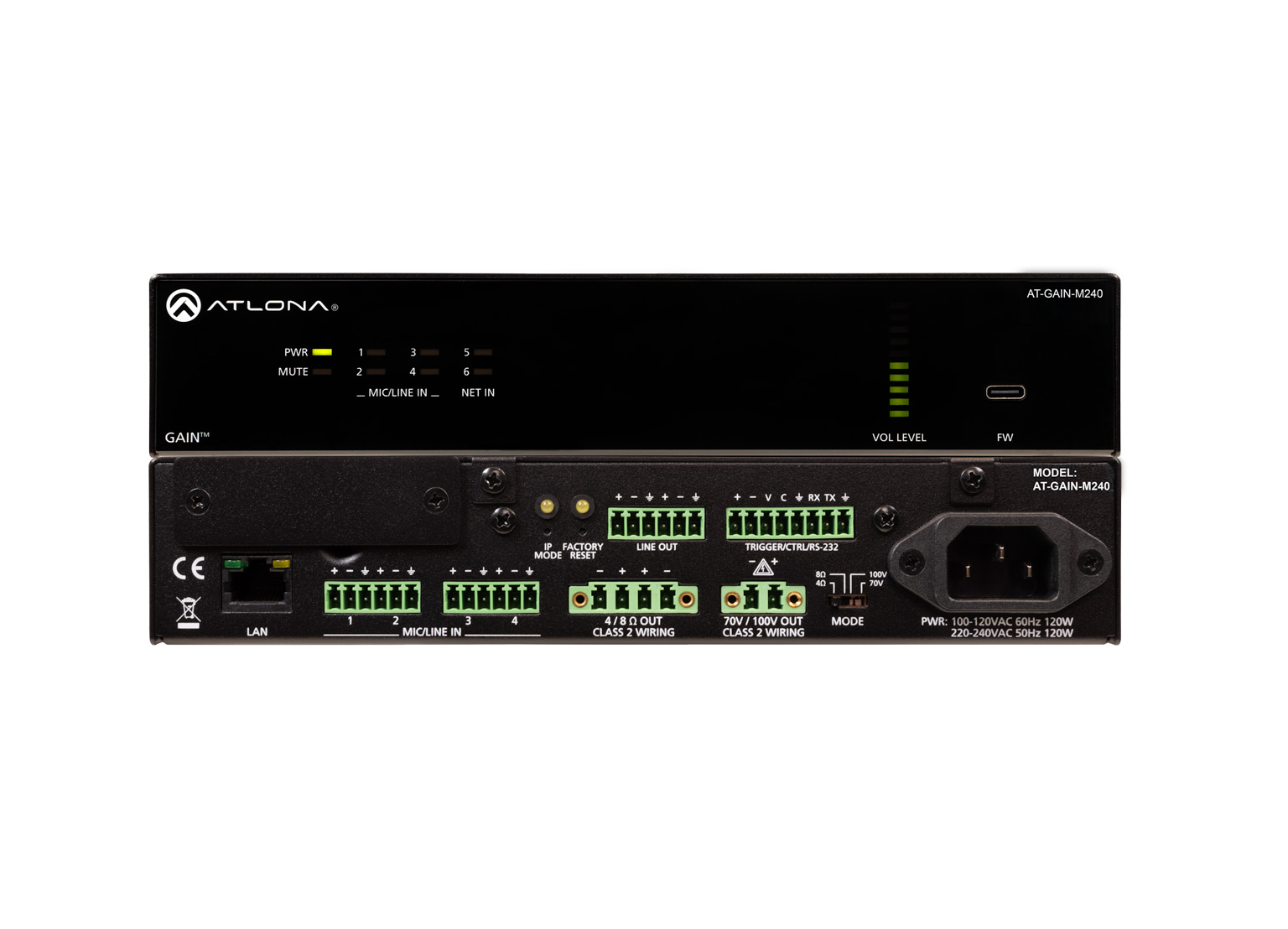 Atlona AT-GAIN-M240 Atlona 240W Mixer Amplifier, 4/8 Ohm x2, 70V/100V x1
