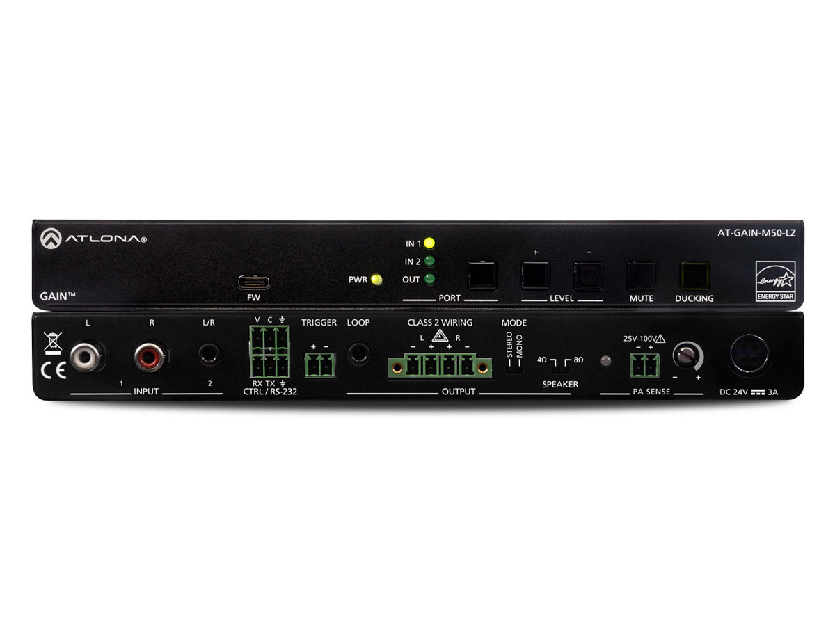 Atlona AT-GAIN-M50-LZ 50W Mixer Amplifier 2x25W Stereo / Ducking / PA Mute / RS-232 / Plenum