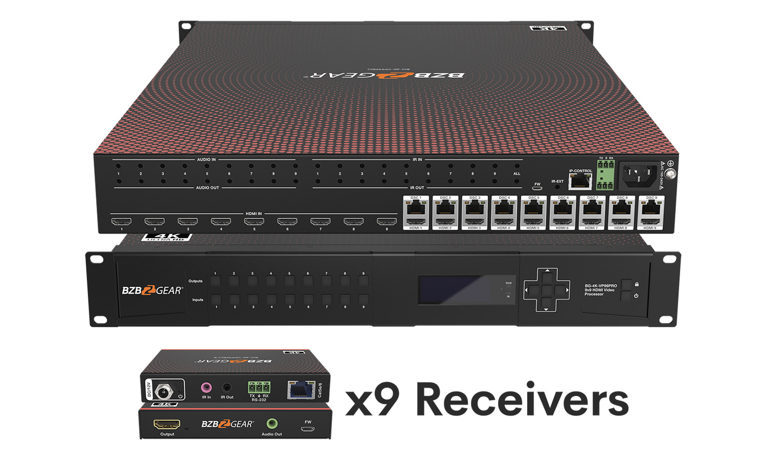 BZBGEAR BG-4K-VP99PRO 9×9 4K UHD Seamless HDMI Matrix Switcher/Video Wall Processor/MultiViewer Over Cat5e/6/7 Kit with 9 Receivers