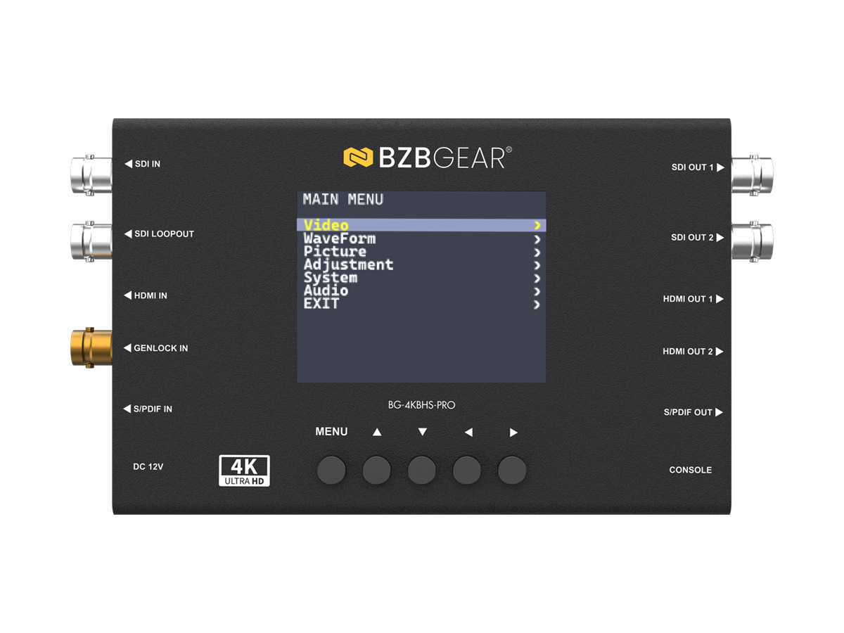 BZBGEAR BG-4KBHS-PRO HDMI 2.0 & 12G/6G/3G/HD-SDI Cross Converter and Scaler with 3.5” LCD Display/Built-in Test Patterns /Audio Embedder/De-Embedder
