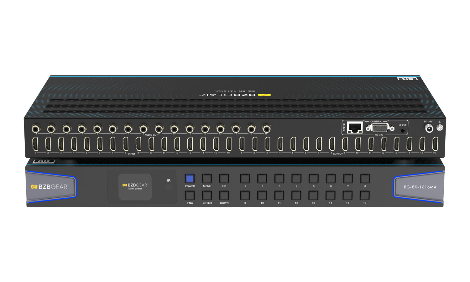 BZBGEAR BG-8K-1616MA 16×16 8K UHD HDMI 2.1 Matrix Switcher with Auto Downscalling/Audio De-Embedding (8K60/4K120 4:4:4 and VRR/FVA/ALLM Support)