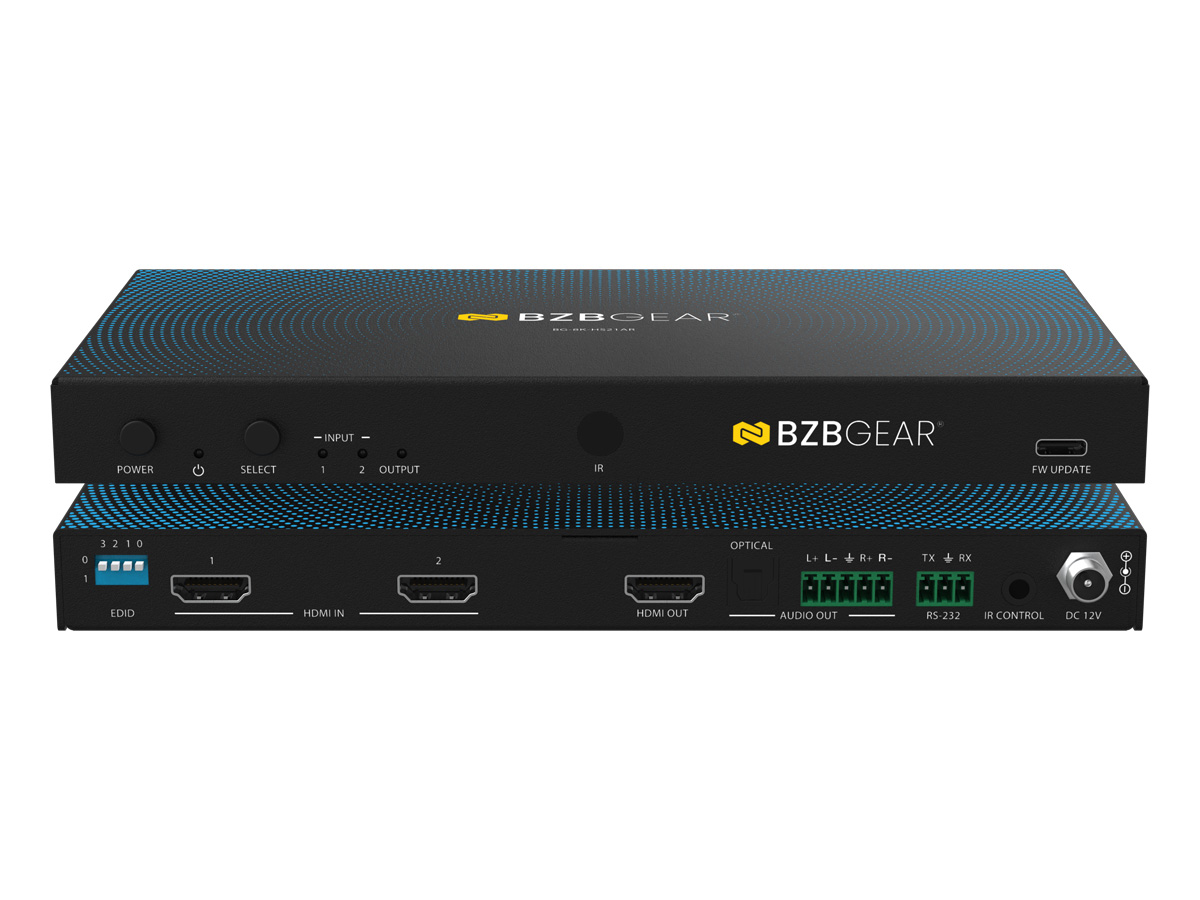 BZBGEAR BG-8K-HS21AR 2×1 8K UHD HDMI 2.1 Switcher with Digial/Analog Audio De-Embedding/EDID/RS-232 (8K60/4K120Hz 4:4:4 VRR/ALLM Support)