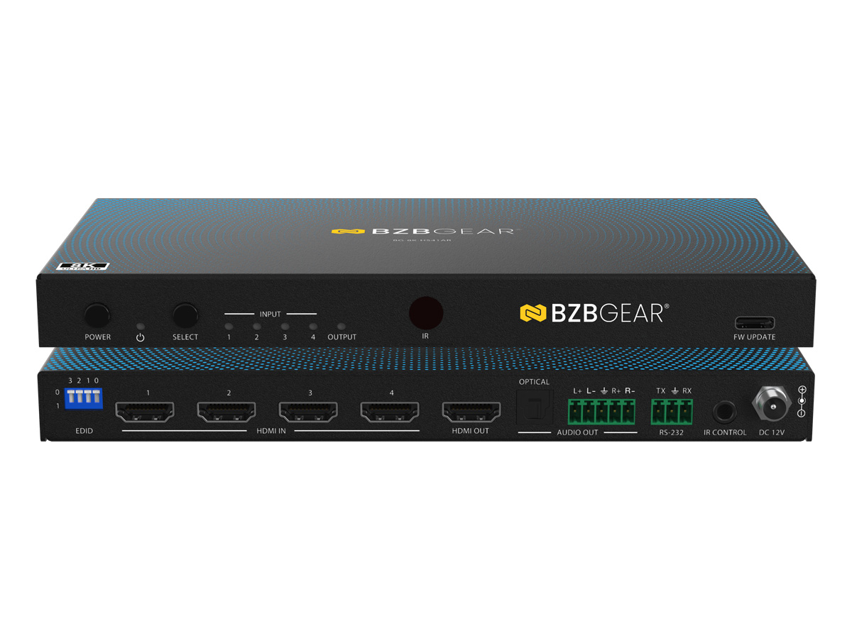 BZBGEAR BG-8K-HS41AR 4×1 8K UHD HDMI 2.1 Switcher with Digial/Analog Audio De-Embedding/EDID/RS-232 (8K60/4K120Hz 4:4:4 VRR/ALLM Support)
