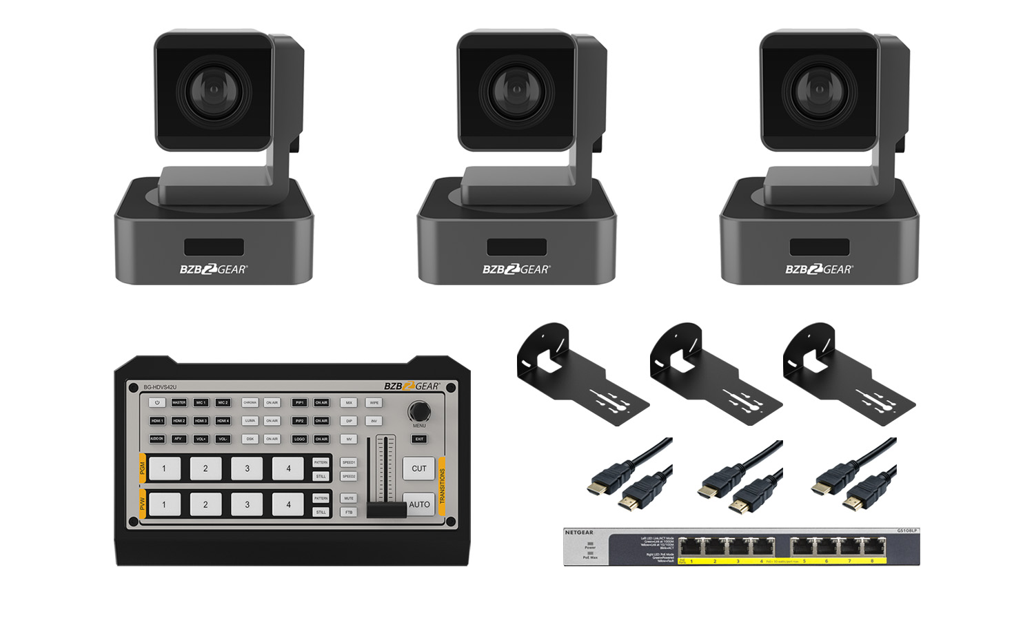 BZBGEAR BG-KIT3Podcast-3CAM-10XWM BZBGEAR KIT 3 Podcast with 3x 10X HD PTZ Cameras, 4-Channel HDMI Mixer, POE Switcher, Wall Mounts and 50ft HDMI Cable