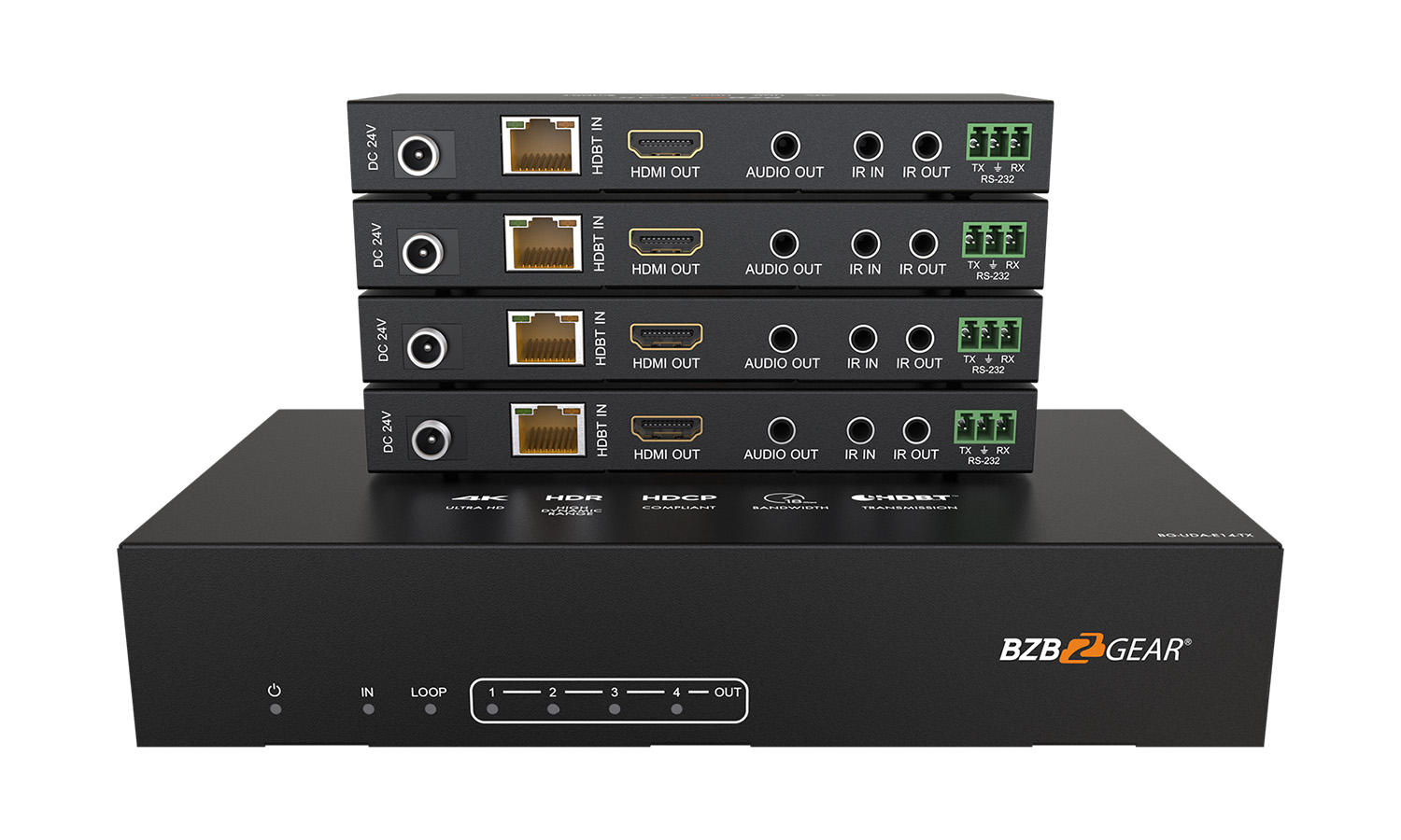 BZBGEAR BG-UDA-E14 1×4 4K UHD HDMI HDBaset Splitter/Distribution Amplifier Kit with 4 Receivers and IR/RS-232/Audio De-embedding up to 390ft Over Category Cable