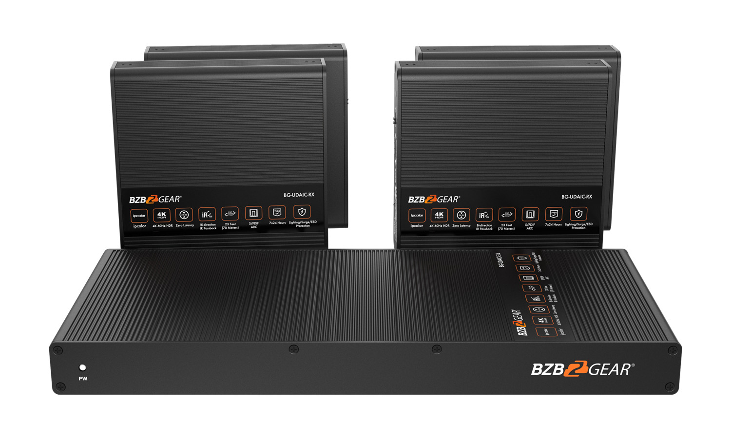BZBGEAR BG-UDAIC-E14 1×4 4K UHD HDMI Splitter/Distribution Amplifier Kit with 4 Receivers and IR/RS-232/Audio De-embedding up to 230ft over Category Cable
