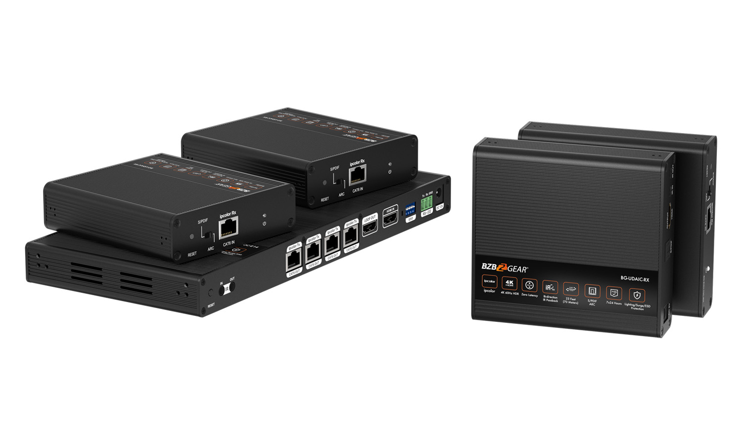 BZBGEAR BG-UDAIC-E14 1x4 4K UHD HDMI Splitter/Distribution Amplifier Kit with 4 Receivers and IR/RS-232/Audio De-embedding up to 230ft over Category Cable - Image 2