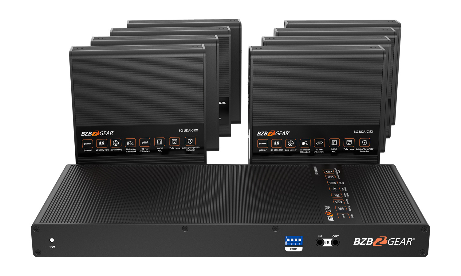 BZBGEAR BG-UDAIC-E18 1×8 4K UHD HDMI Splitter/Distribution Amplifier Kit with 8 Receivers and IR/RS-232/Audio De-embedding up to 230ft over Category Cable
