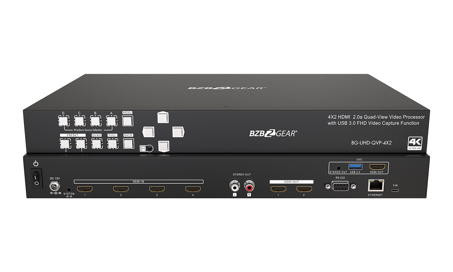 BZBGEAR BG-UHD-QVP-4X2 4×2 4K UHD Seamless Switcher/Scaler/MultiViewer with Audio De-Embedding and Built-in USB Capture Card