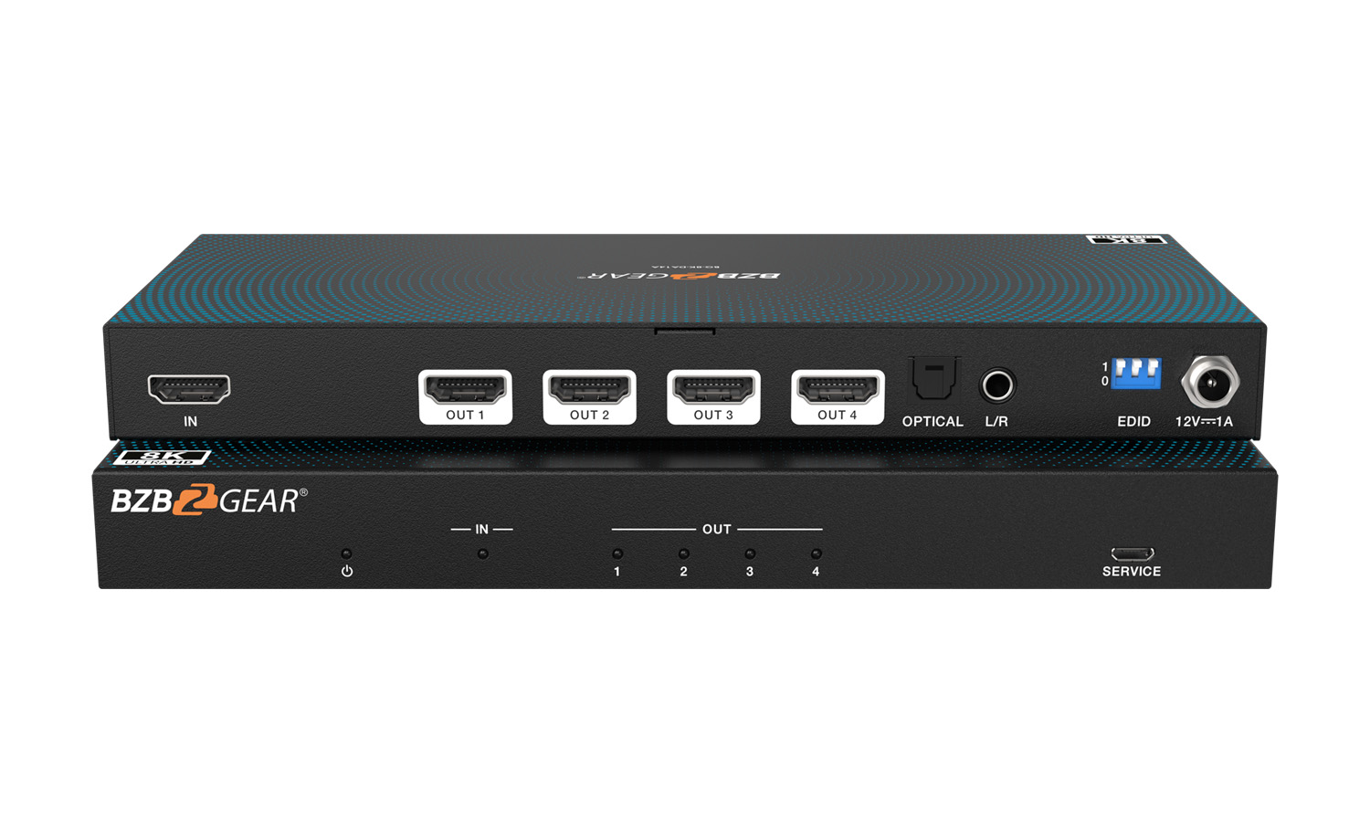 BZBGEAR BG-8K-DA14A-b 1×4 8K UHD HDMI 2.1 Splitter with Auto Downscaling/Audio De-Embedding (8K60/4K120 and VRR/FVA/ALLM Support)