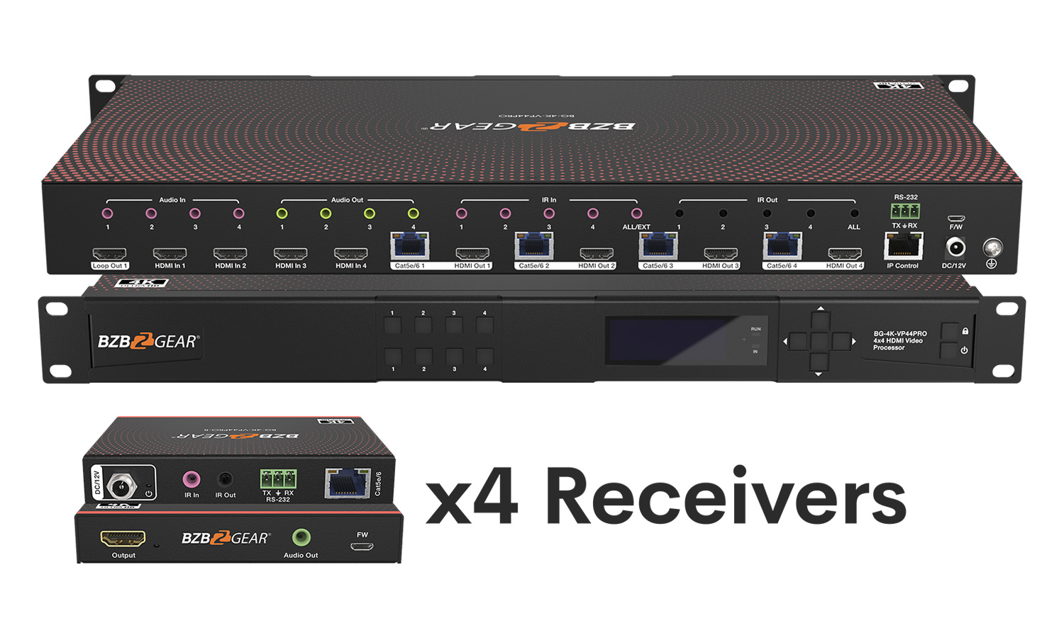 BZBGEAR BG-4K-VP44PRO-b 4×4 4K UHD Seamless HDMI Matrix Switcher/Video Wall Processor/MultiViewer Over Cat5e/6/7 Kit with 4 Receivers