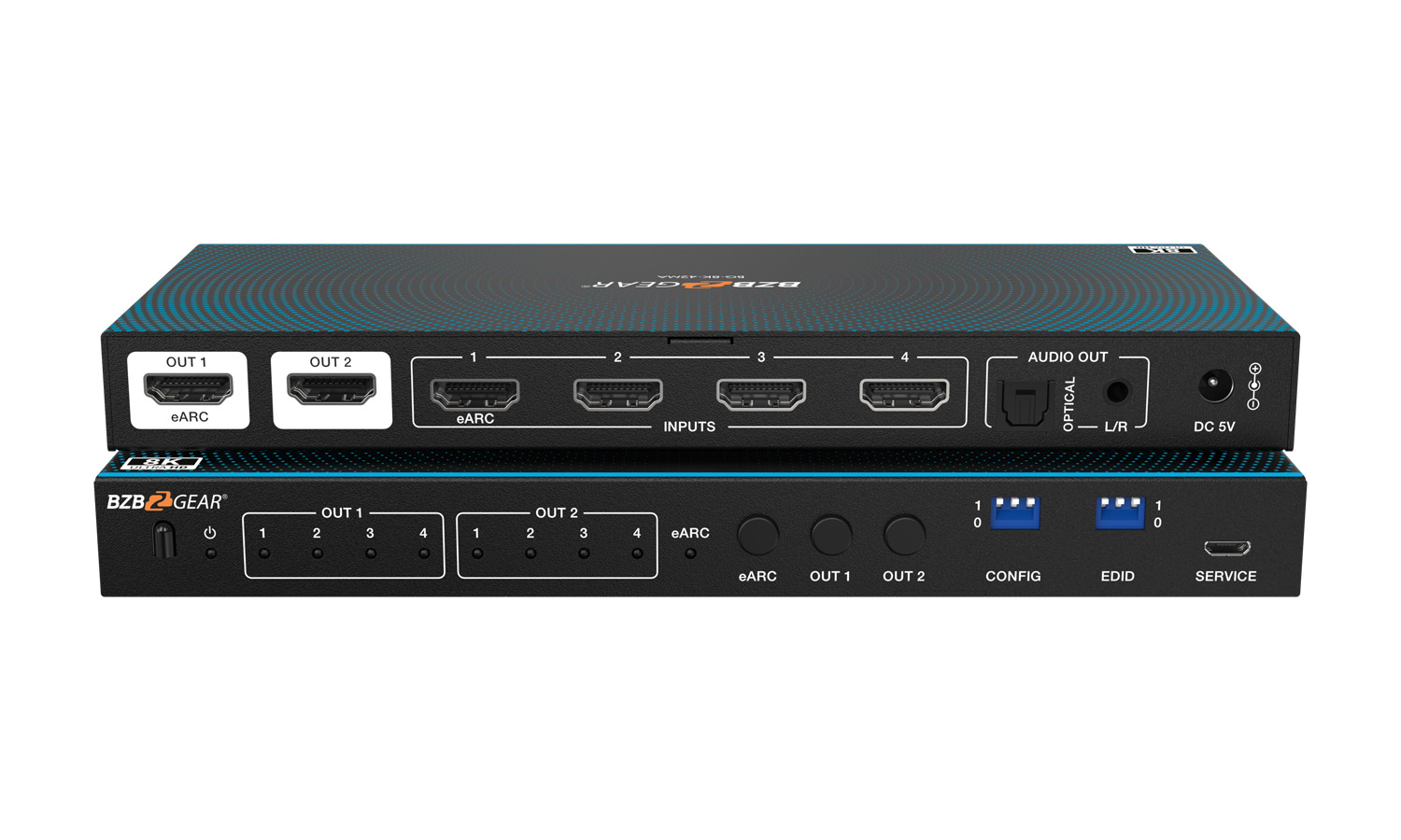 BZBGEAR BG-8K-42MA-b 4×2 8K UHD HDMI 2.1 Matrix Switcher with Auto Downscaling/Audio De-Embedding (8K60/4K120 and VRR/FVA/ALLM Support)