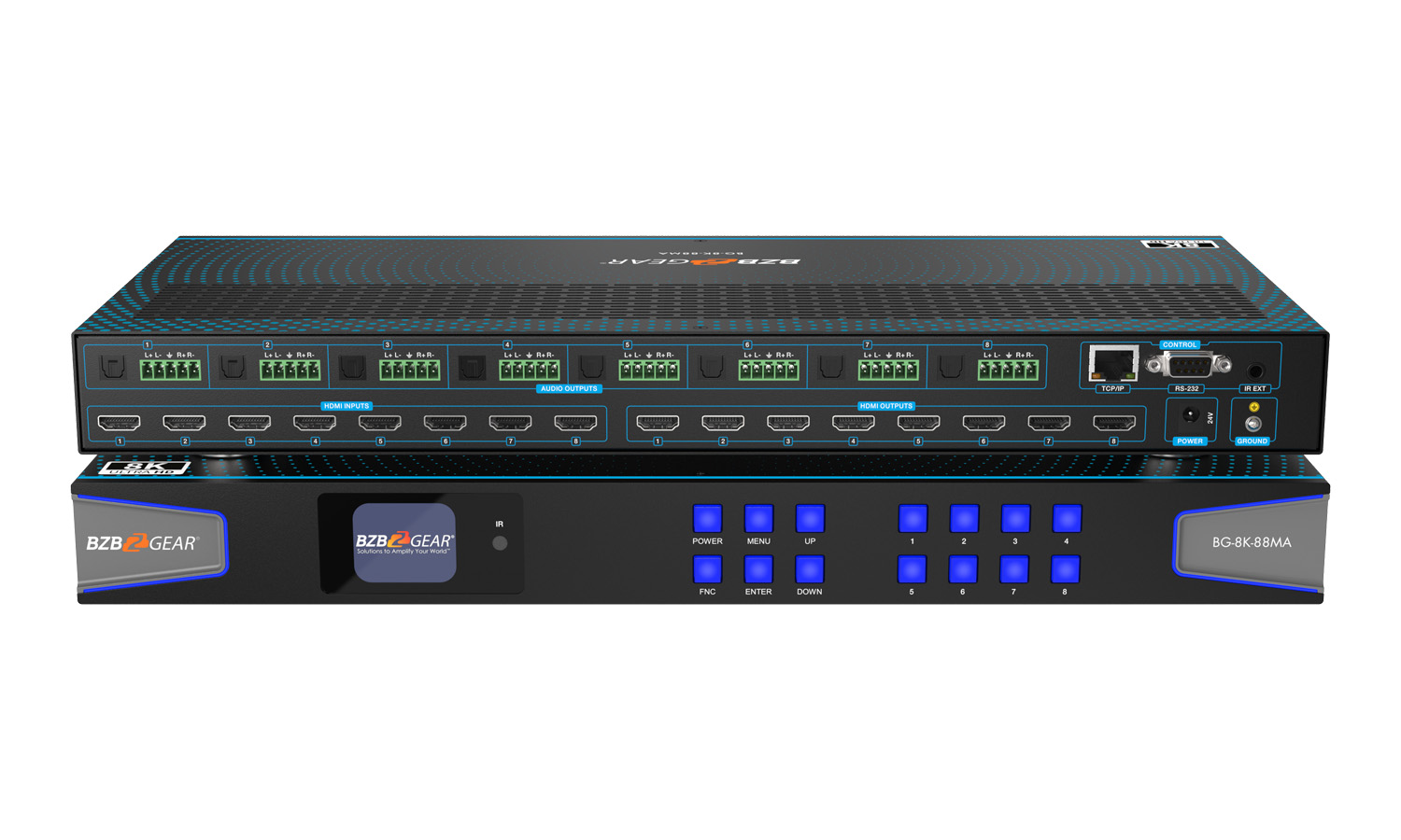 BZBGEAR BG-8K-88MA-b 8×8 8K UHD HDMI 2.1 Matrix Switcher with Auto Downscaling/Audio De-Embedding (8K60/4K120 and VRR/FVA/ALLM Support)