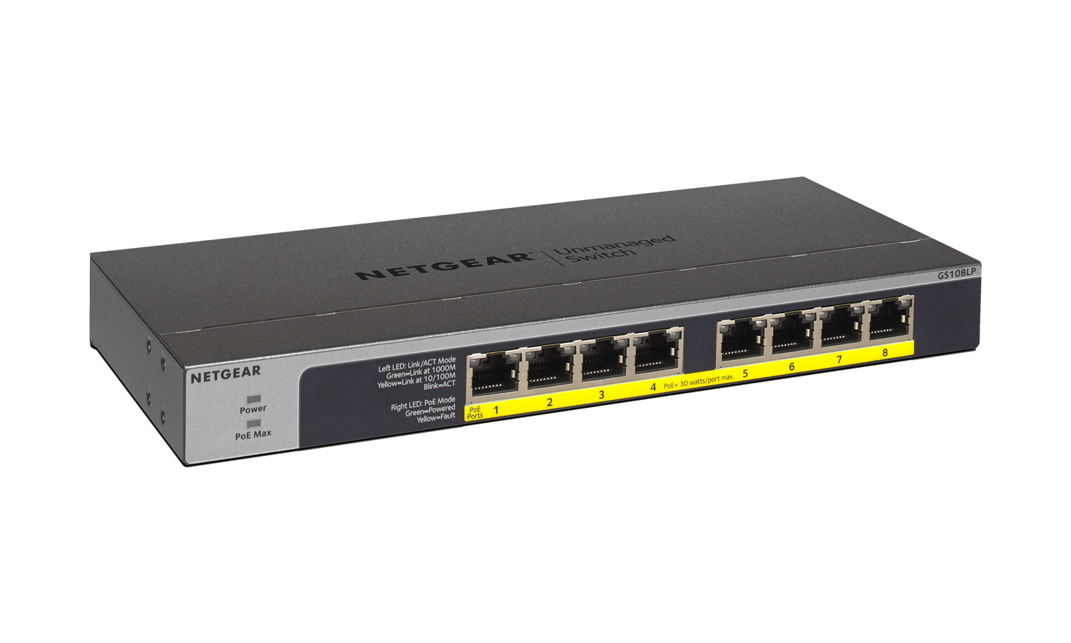 BZBGEAR NET-5DP433 Netgear 8-Port PoE/PoE+ Gigabit Ethernet Unmanaged Switch 67.5W PoE Budget (GS108LP-100NAS)