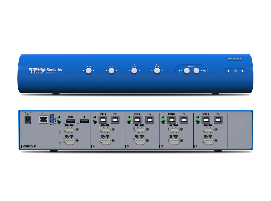 High Sec Labs DK42PHU-4T Secure DH KVM Switch 4-Port DP/HDMI to DP/HDMI 4K video, with fUSB, PP 4.0