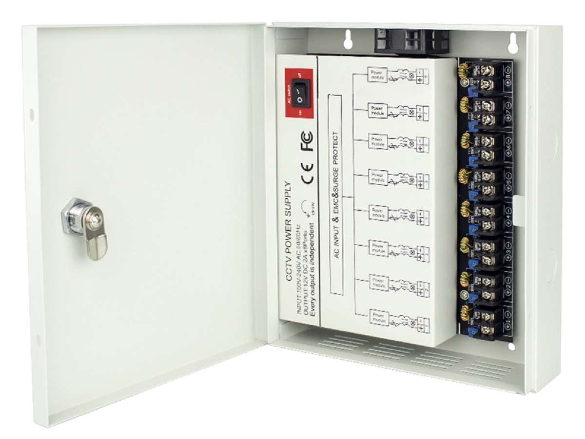 ICRealtime PS-DC16A08HD-4DK Power Supply Unit – 8 Outputs/12 VDC/16amps/Regulated/Individually Fused (PTC)
