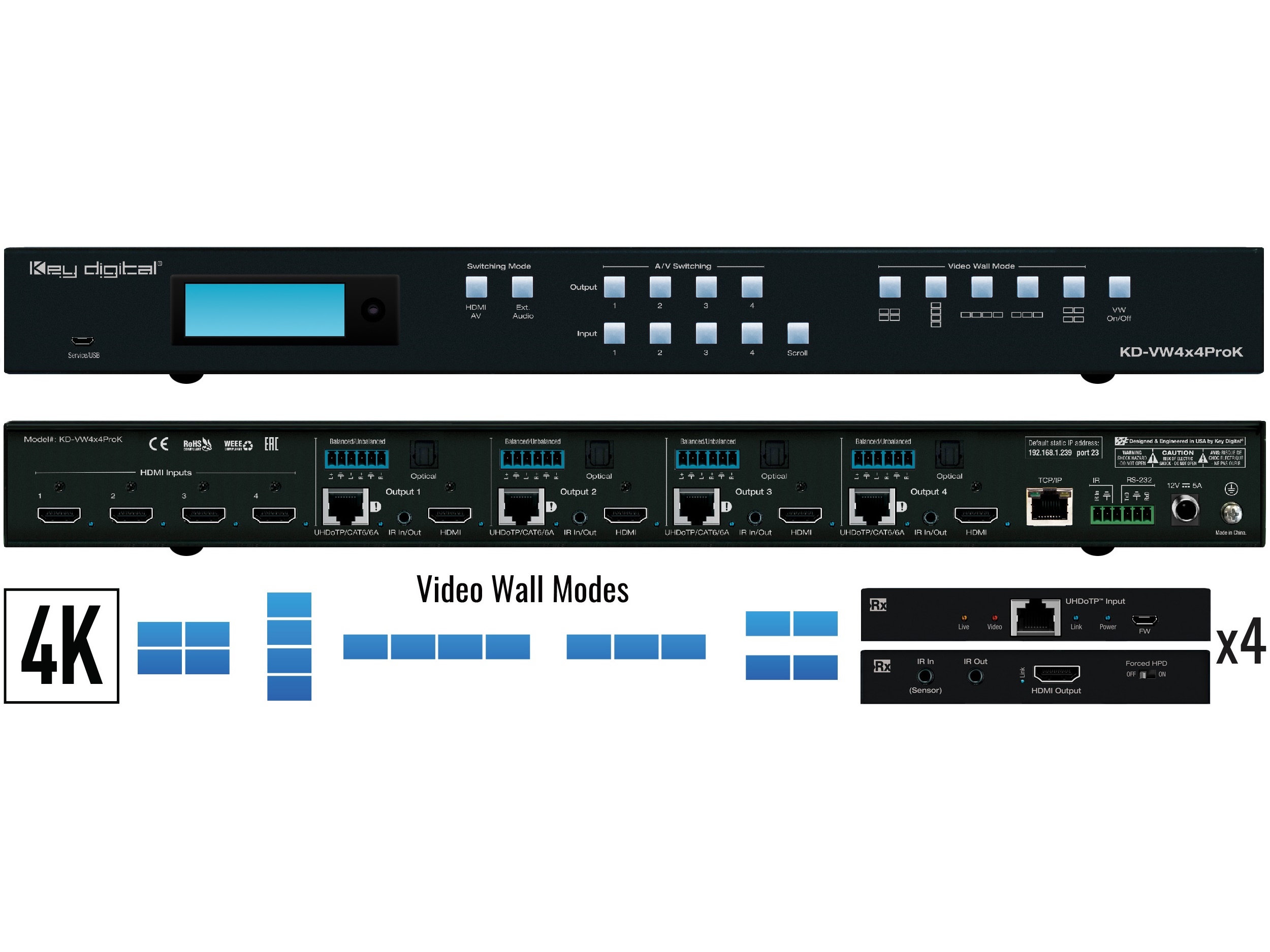 Key Digital KD-VW4x4ProK 4K UHD 4 Input 4 Output Video Wall Processor and Seamless Matrix Switcher with 4 Rx Units