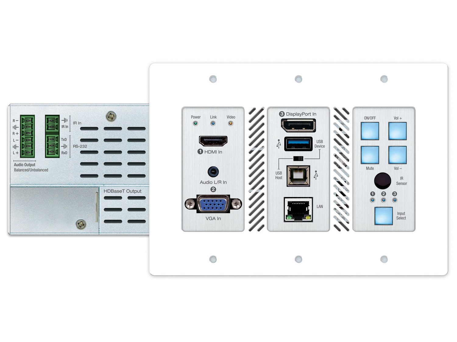 Key Digital KD-X3x1WUTx HDBaseT 3×1 HDMI/DisplayPort/VGA switcher USB-A/B USB-C PoH 100m 4K 18G