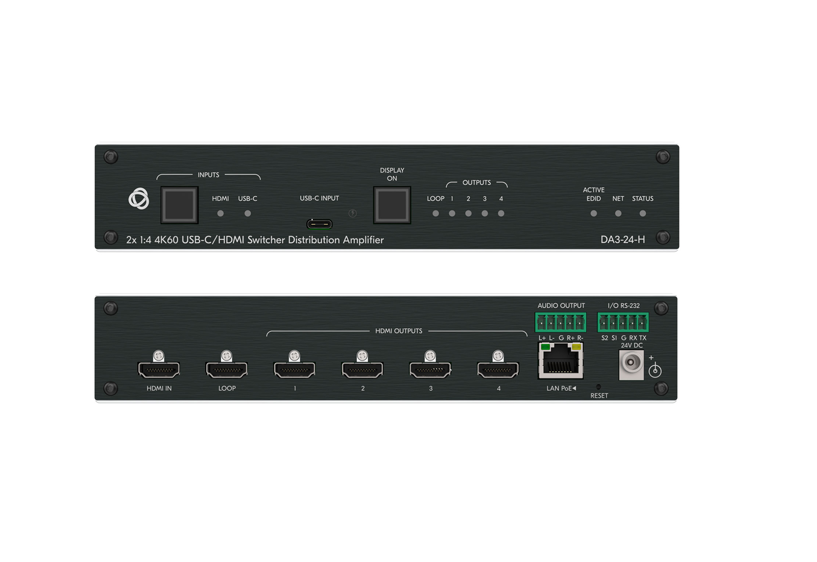Kramer DA3-24-H 2×1:4 4K60 USB-C/HDMI switcher / EDID / HDCP 2.3 / Analog Audio Out