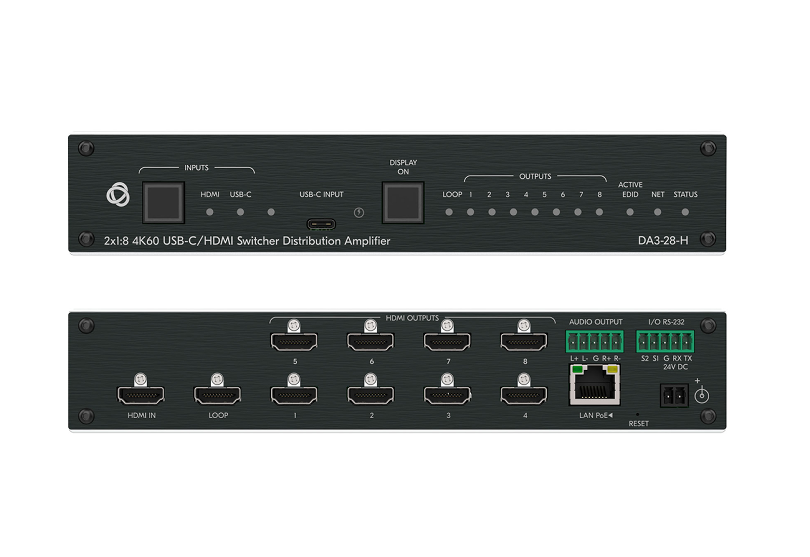 Kramer DA3-28-H 4K60 HDMI/USB-C 2×1:8 Switcher/8 Outputs/HDCP 2.3/EDID/CEC