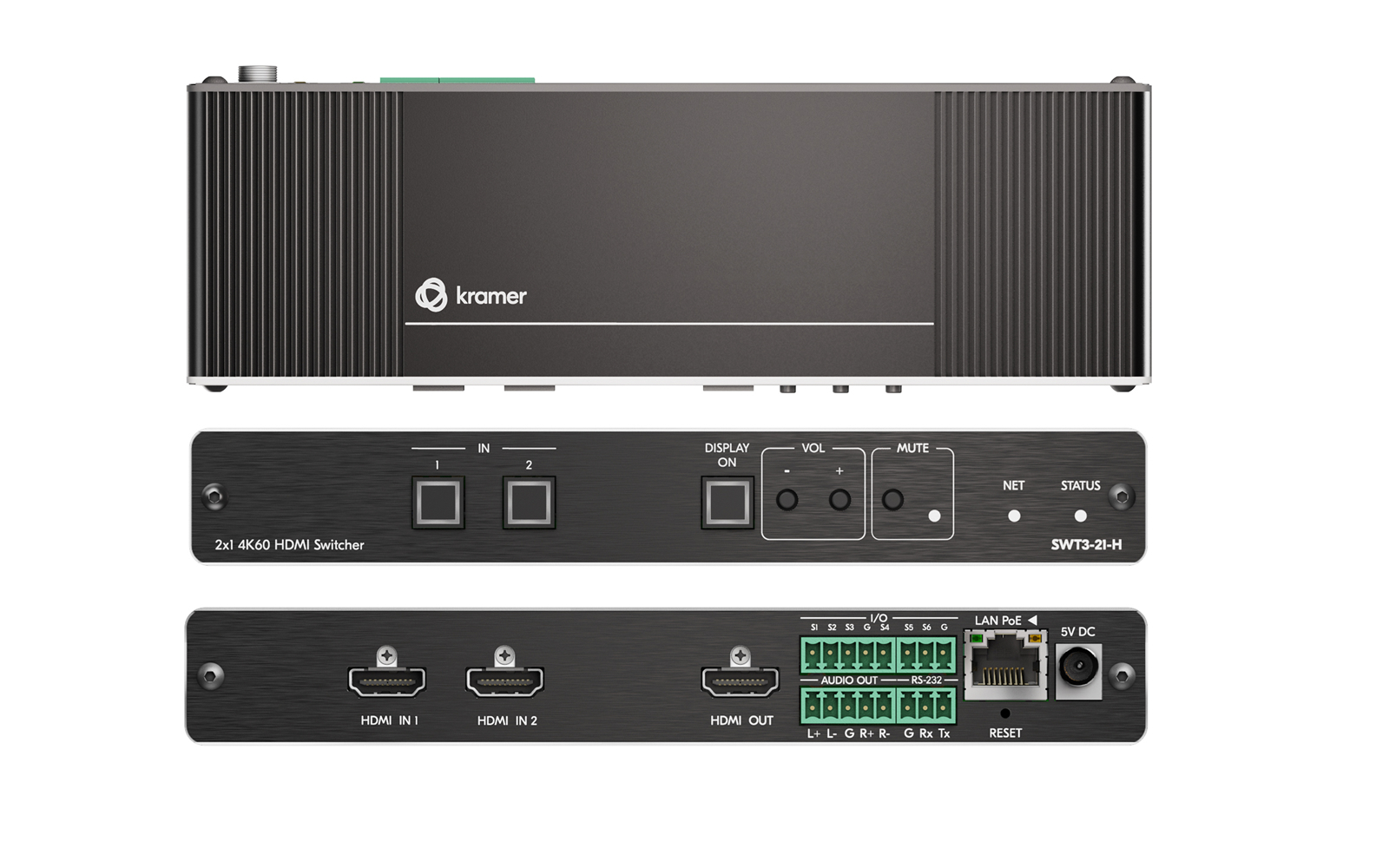 Kramer SWT3-21-H 2×1 HDMI Switcher / 4K60 4:4:4 / HDCP 2.2 / Auto Switch / PoE / Audio De-embed