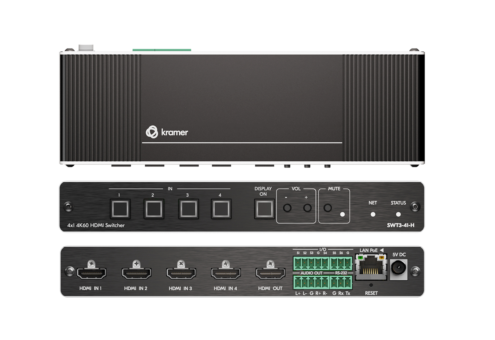 Kramer SWT3-41-H 4×1 HDMI switcher / 4K60 4:4:4 / Audio de-embed / IP control / PoE