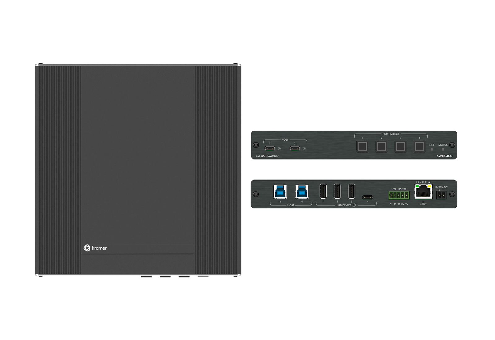 Kramer SWT3-41-U 4×1 USB 3.2 switcher / USB-C PD60W / USB-B hosts / PoE / Auto switch