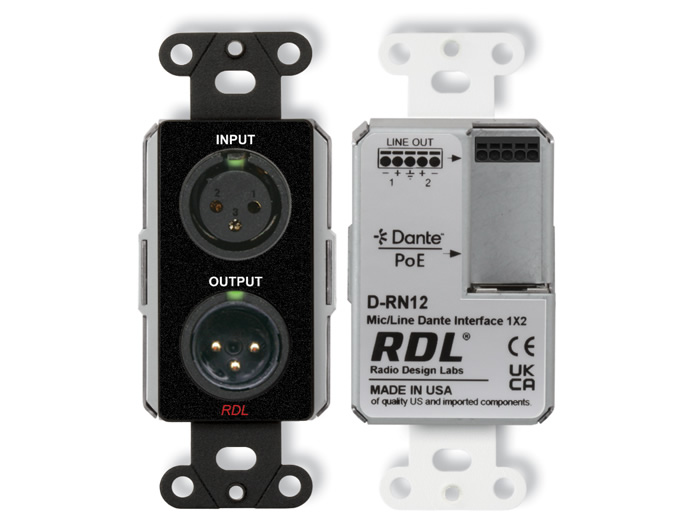 RDL DB-RN12 Wall-Mounted Bi-Directional Mic/Line Dante AES67 Interface 1x2 PoE