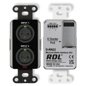 RDL DB-RN22 Wall-Mount Bi-Directional Mic/Line Dante AES67 Interface 2x2 PoE