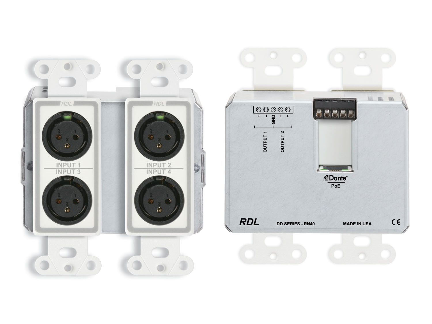 RDL DD-RN40 Wall-Mounted Bi-Directional Mic/Line Dante Interface 4x2