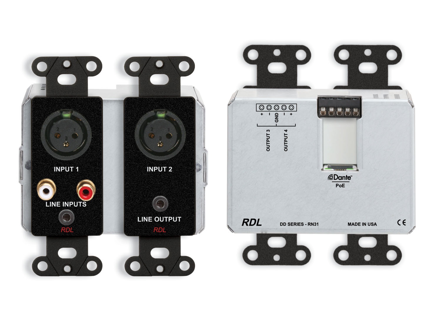 RDL DDB-RN31 Wall-Mounted Bi-Directional Mic/Line Dante Interface 4x4