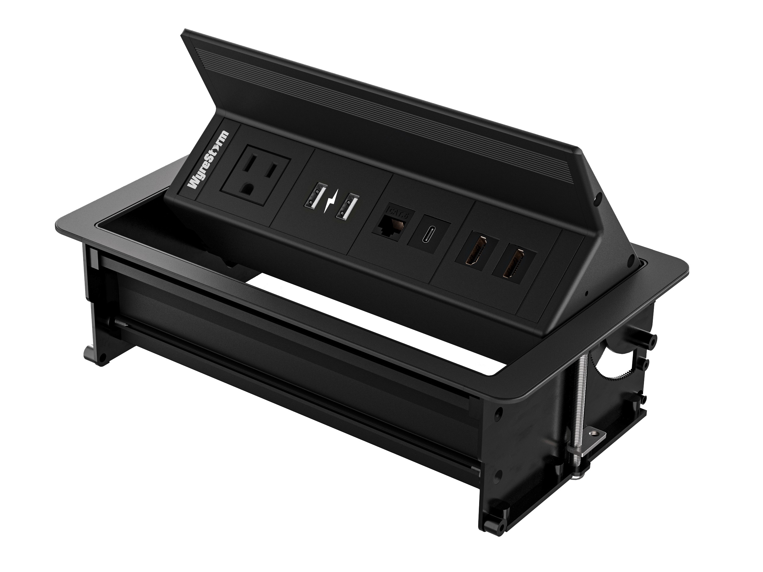 WyreStorm IDB-400-NA Flip Up In-Desk Connectivity with 1x Mains (North America) / USB Charging/2 x HDMI/USB-C and RJ-45 Passthrough